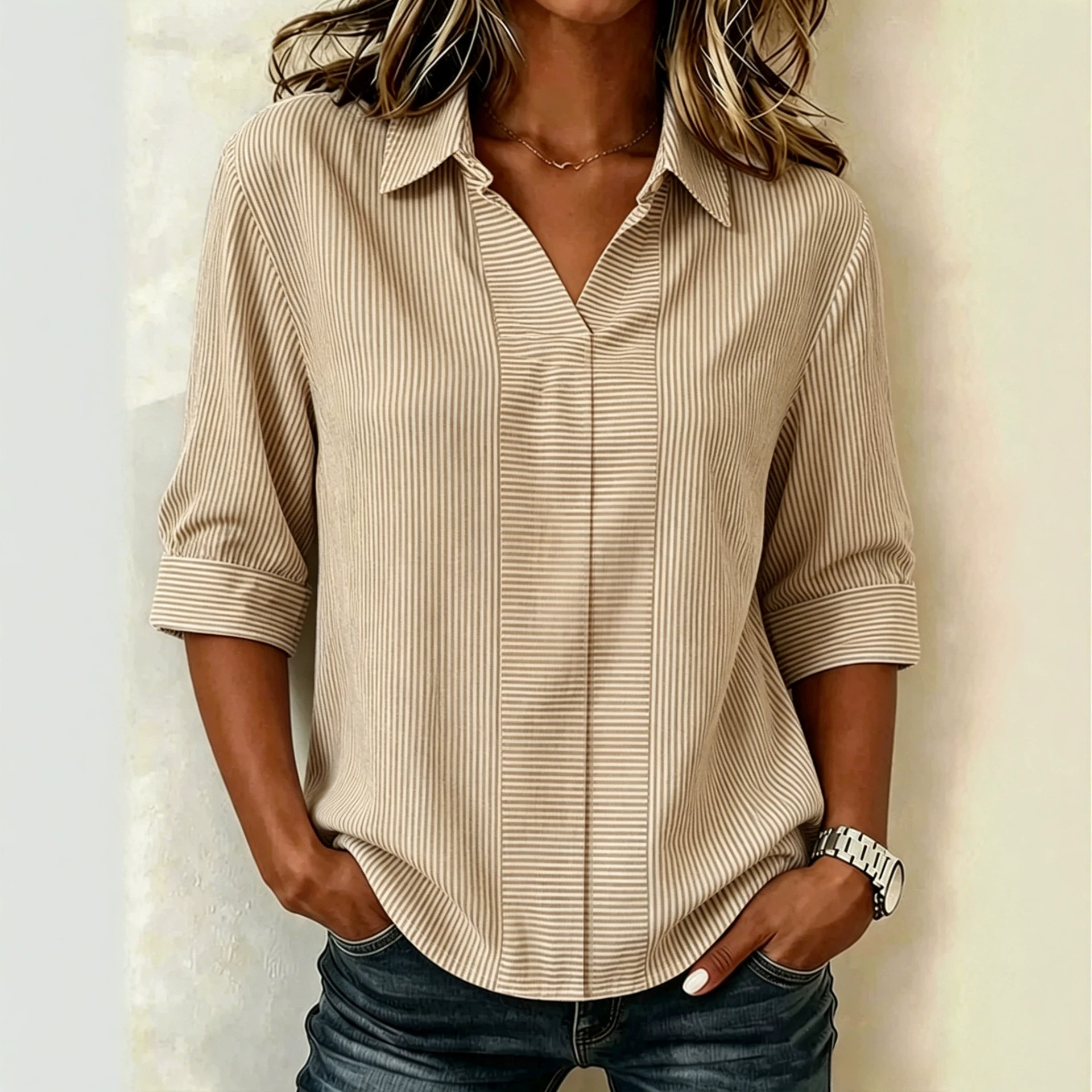 Womens Striped Casual Loose-fit Short-sleeve Shirt