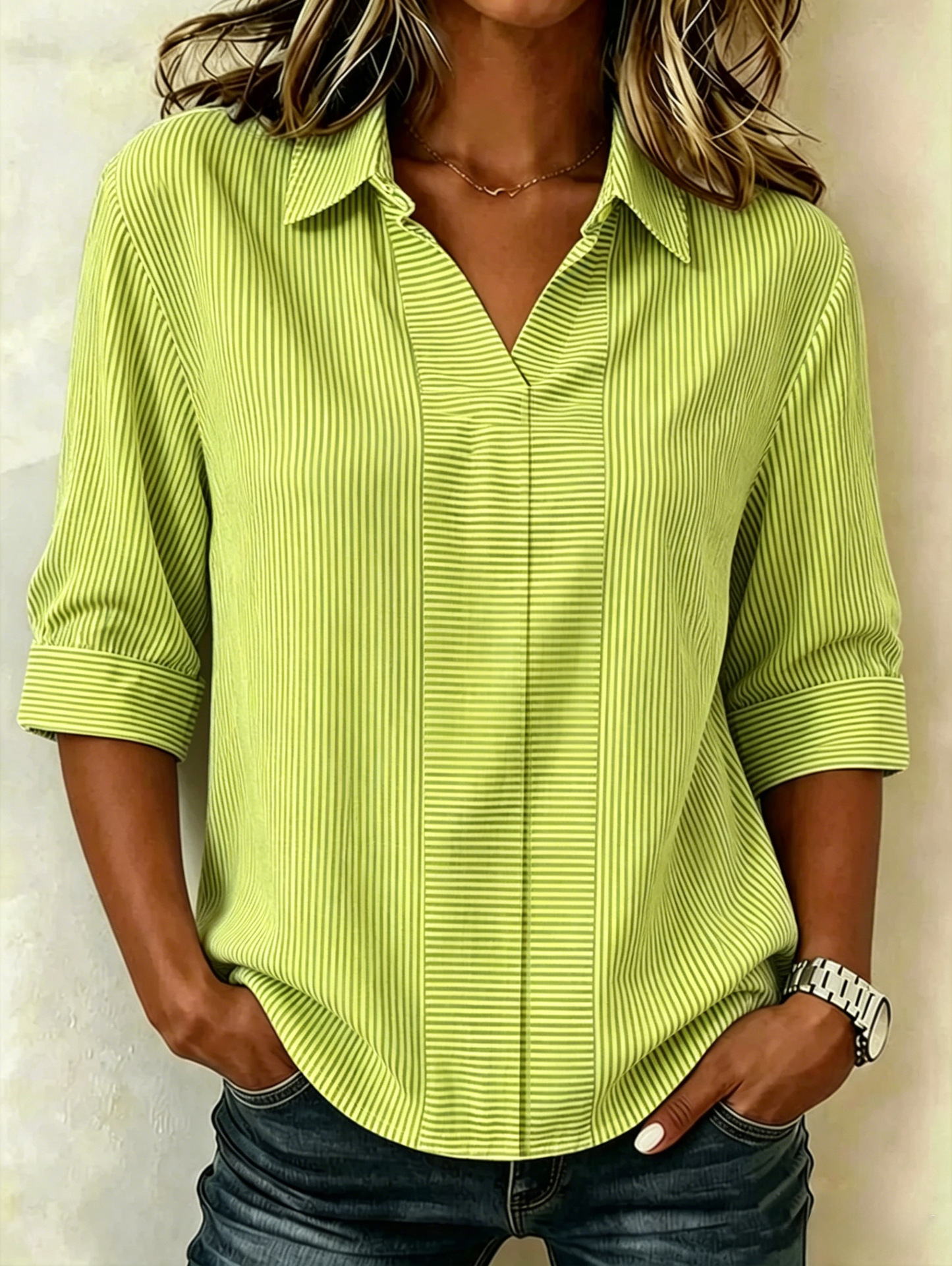 Womens Striped Casual Loose-fit Short-sleeve Shirt