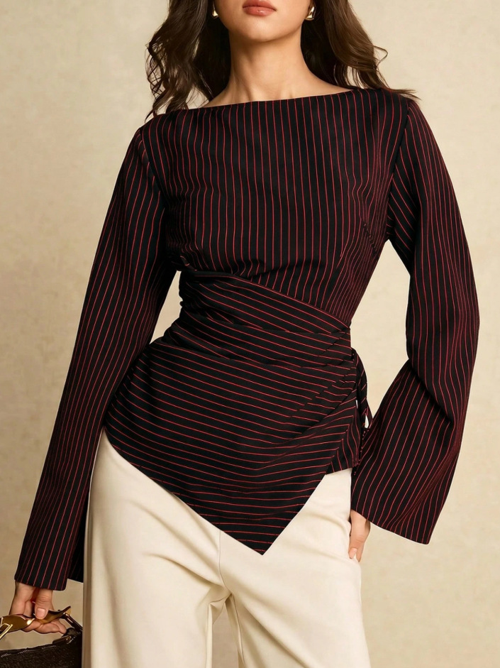 Womens Stylish Round-neck Waist-cinching Striped Blouse