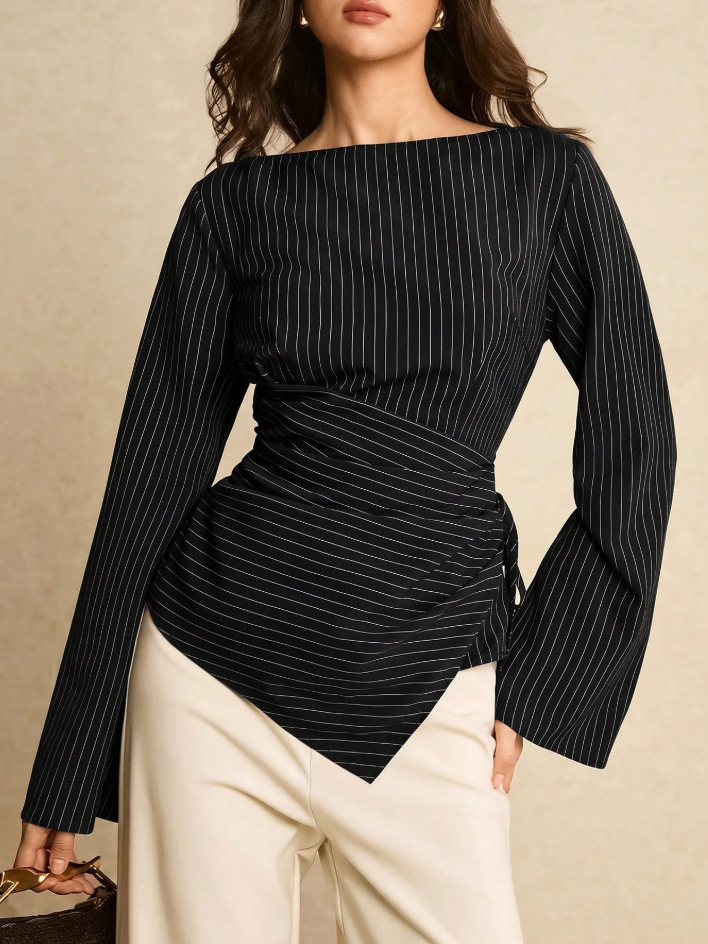 Womens Stylish Round-neck Waist-cinching Striped Blouse