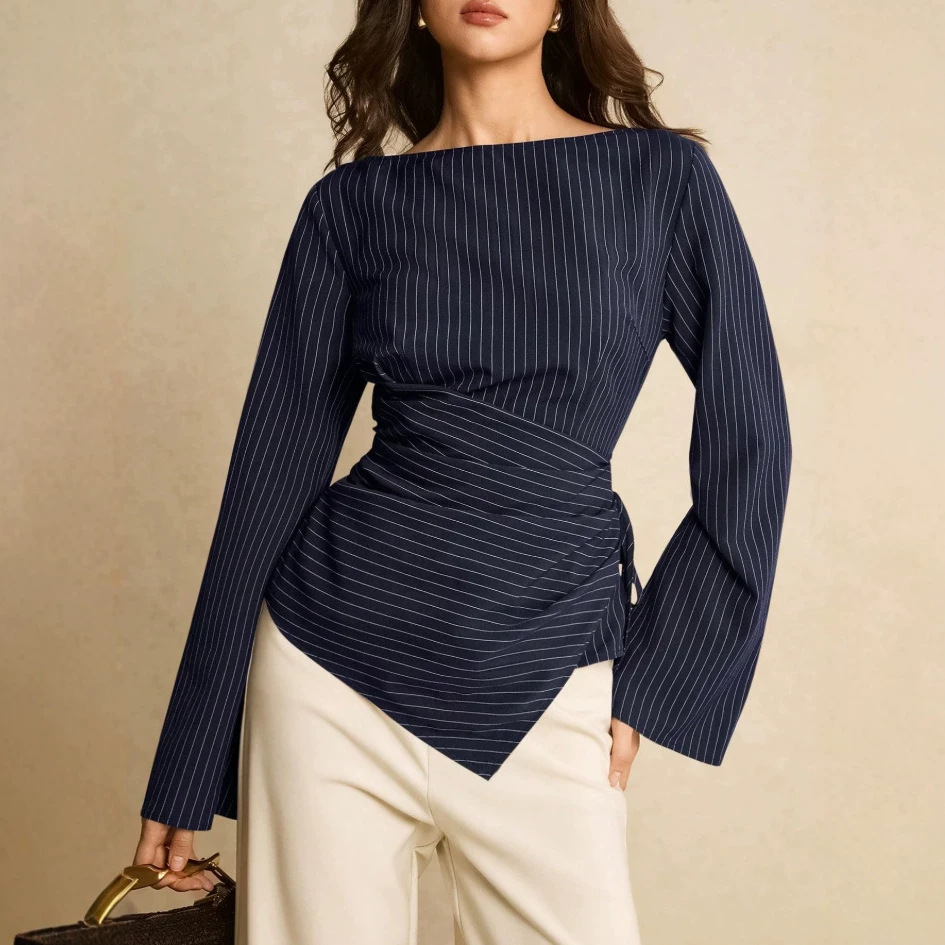 Womens Stylish Round-neck Waist-cinching Striped Blouse