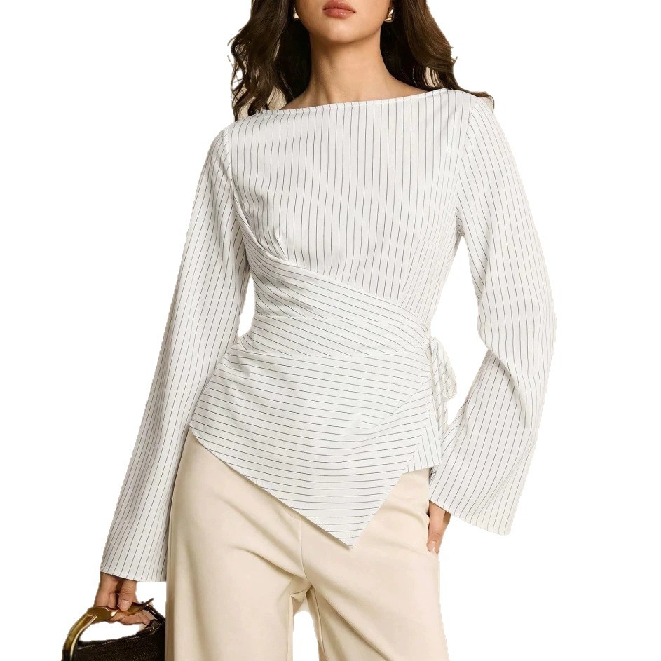Womens Stylish Round-neck Waist-cinching Striped Blouse