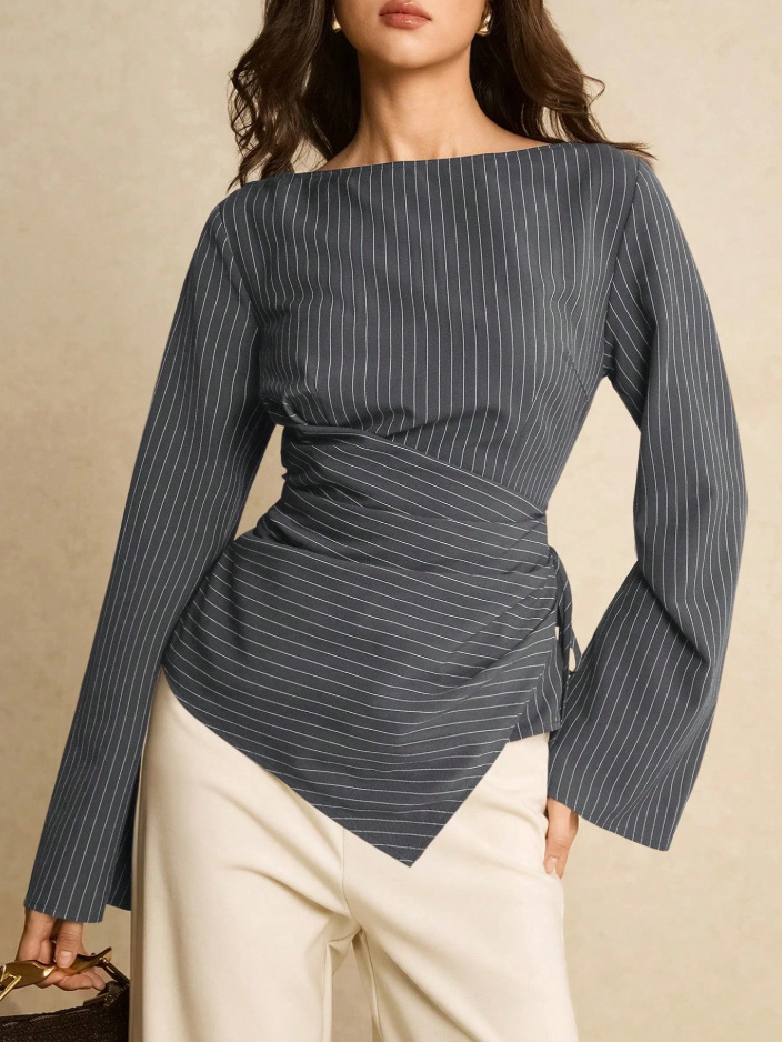 Womens Stylish Round-neck Waist-cinching Striped Blouse