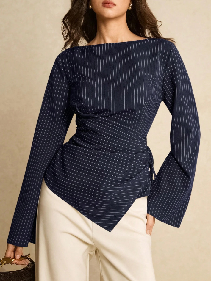 Womens Stylish Round-neck Waist-cinching Striped Blouse