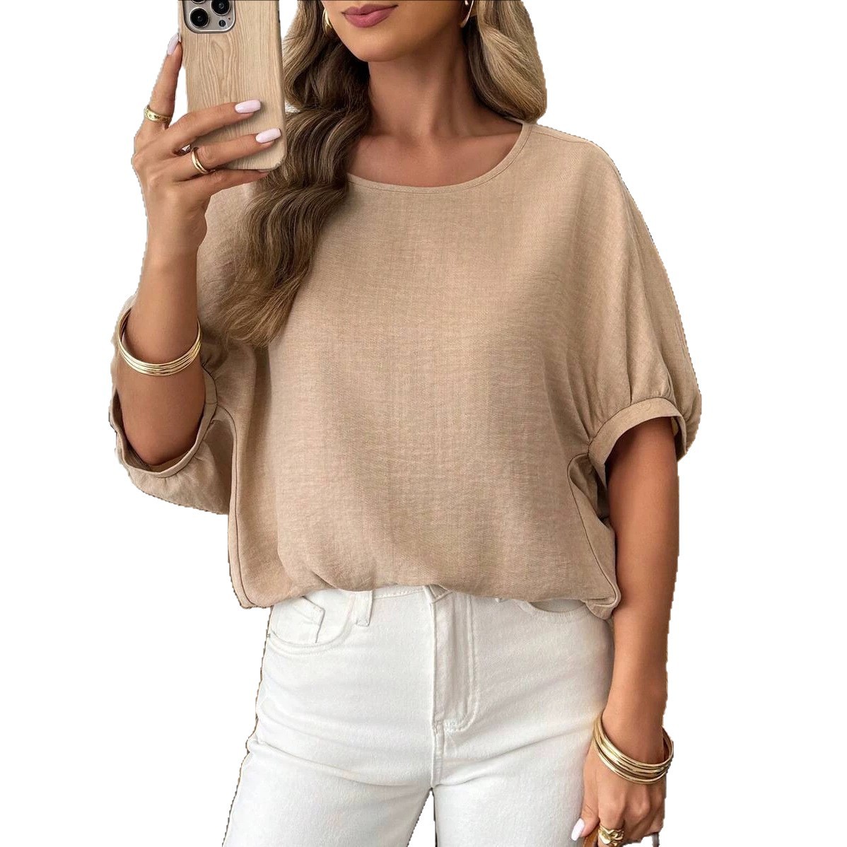 Womens Summer Loose-Fit Crew-Neck Short-Sleeve Shirt With Back Tie