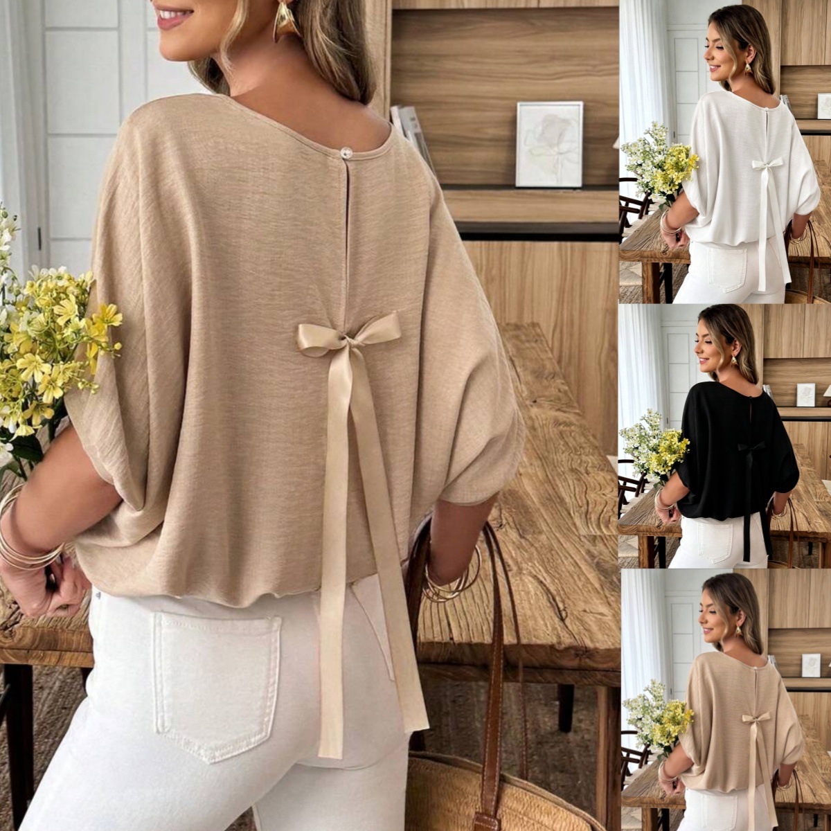 Womens Summer Loose-Fit Crew-Neck Short-Sleeve Shirt With Back Tie