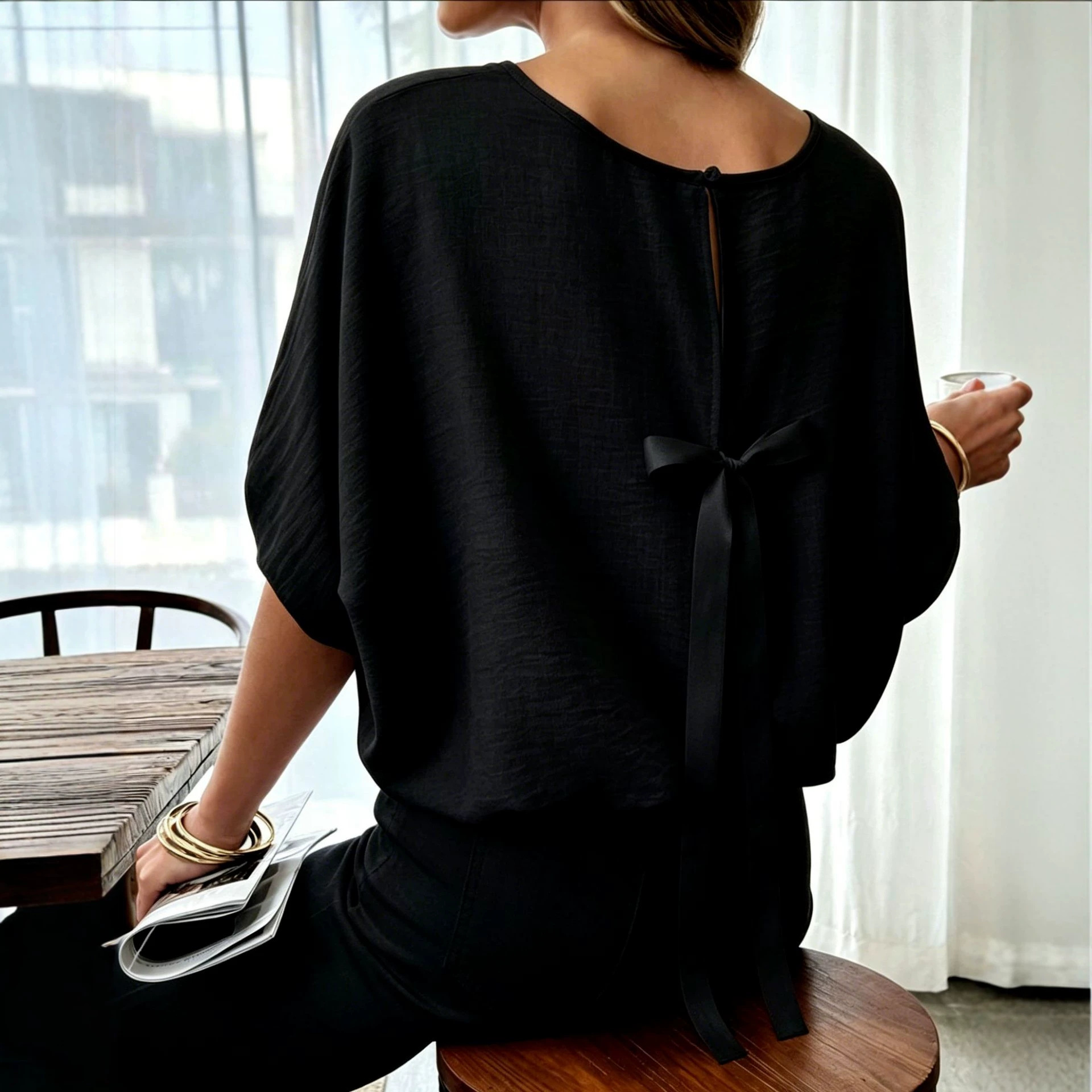 Womens Summer Loose-Fit Crew-Neck Short-Sleeve Shirt With Back Tie
