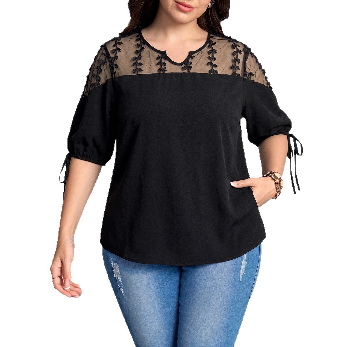 Womens Summer V-Neck Lace-Patch Top