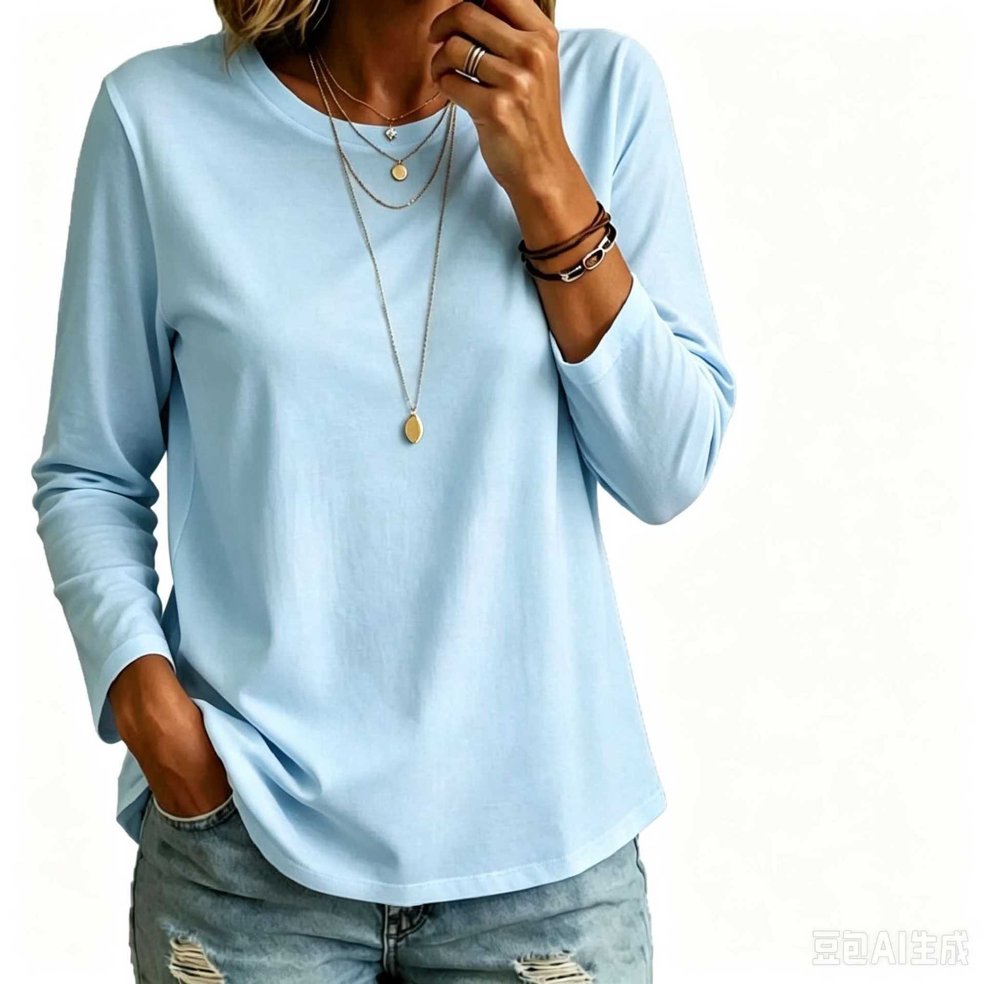Womens Versatile Casual Long-sleeve Crew-neck T-shirt