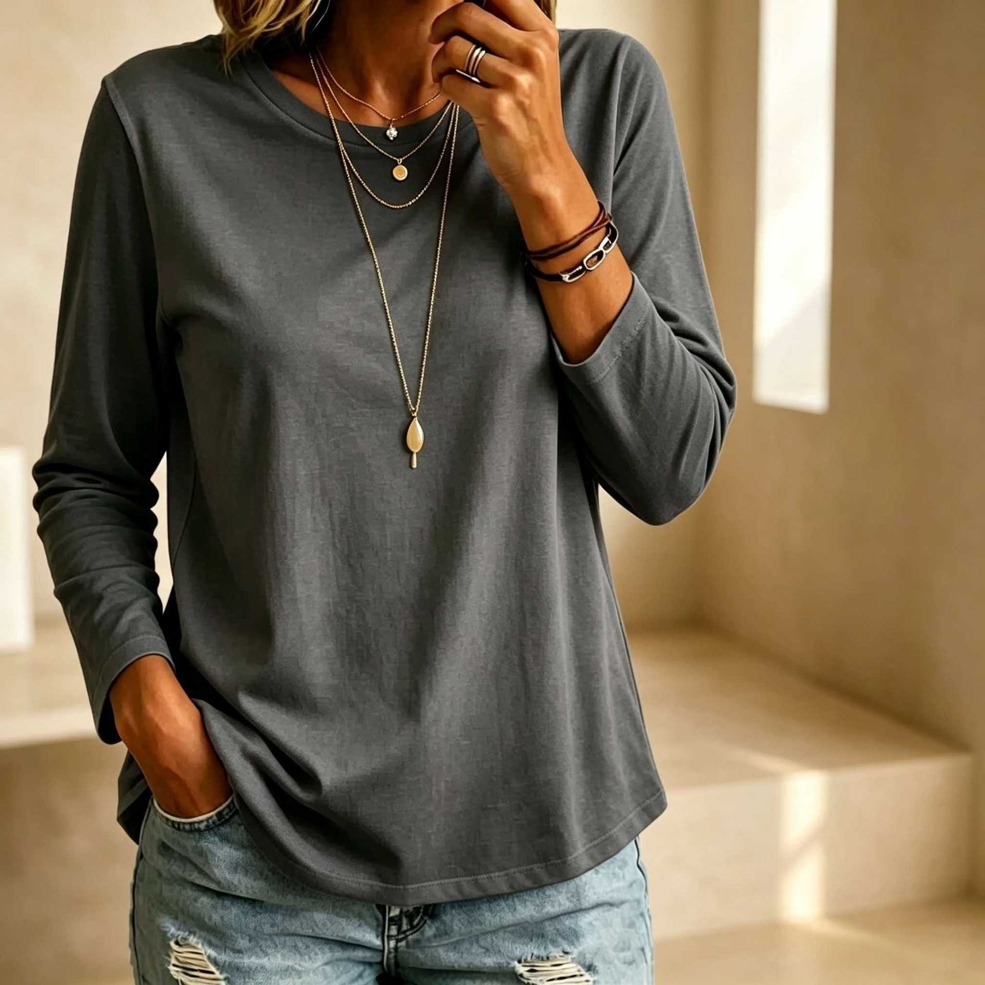 Womens Versatile Casual Long-sleeve Crew-neck T-shirt