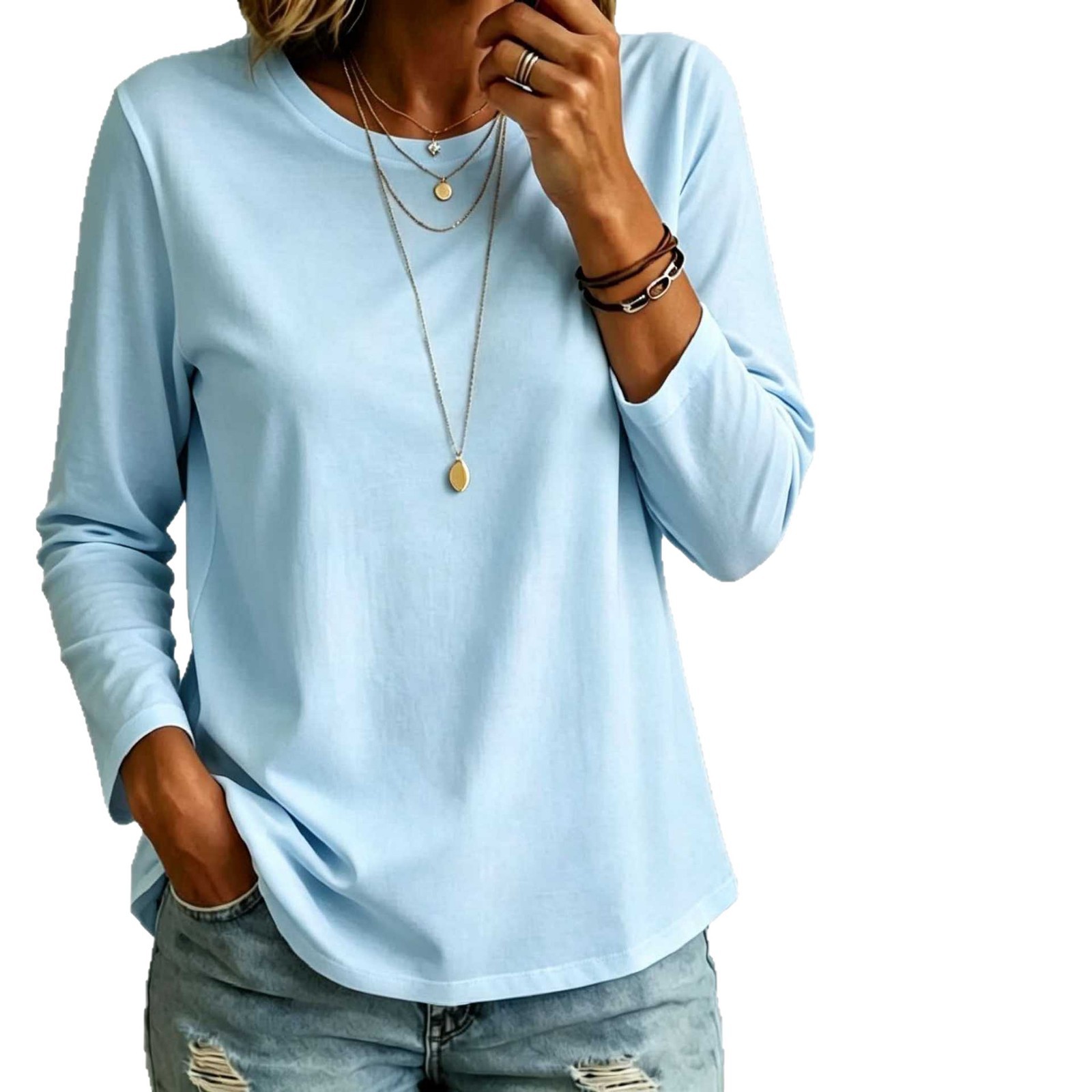 Womens Versatile Casual Long-sleeve Crew-neck T-shirt