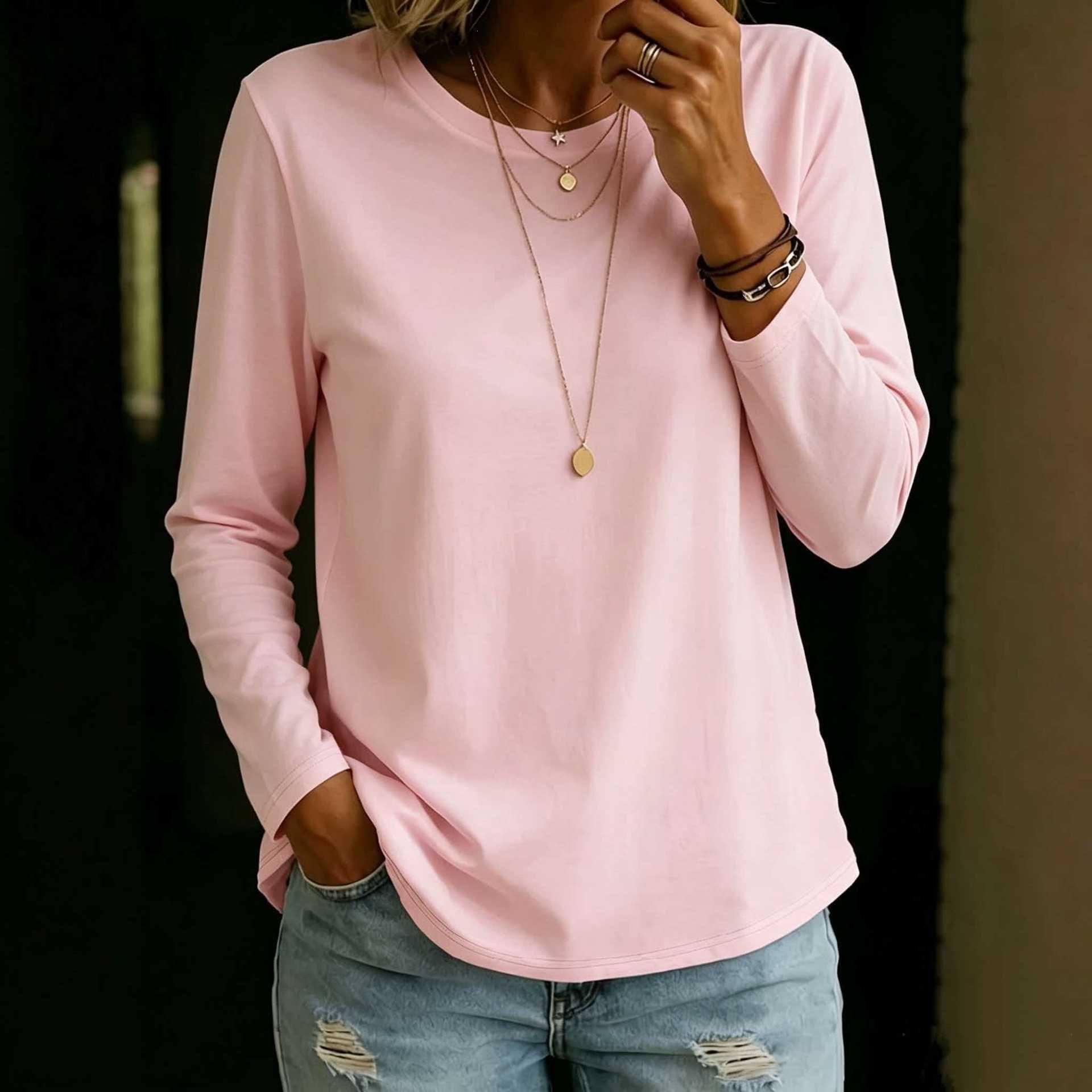 Womens Versatile Casual Long-sleeve Crew-neck T-shirt