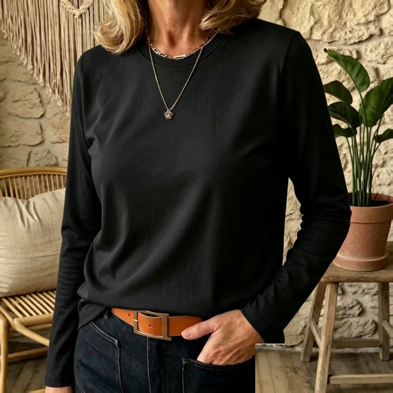 Womens Versatile Casual Long-sleeve Crew-neck T-shirt