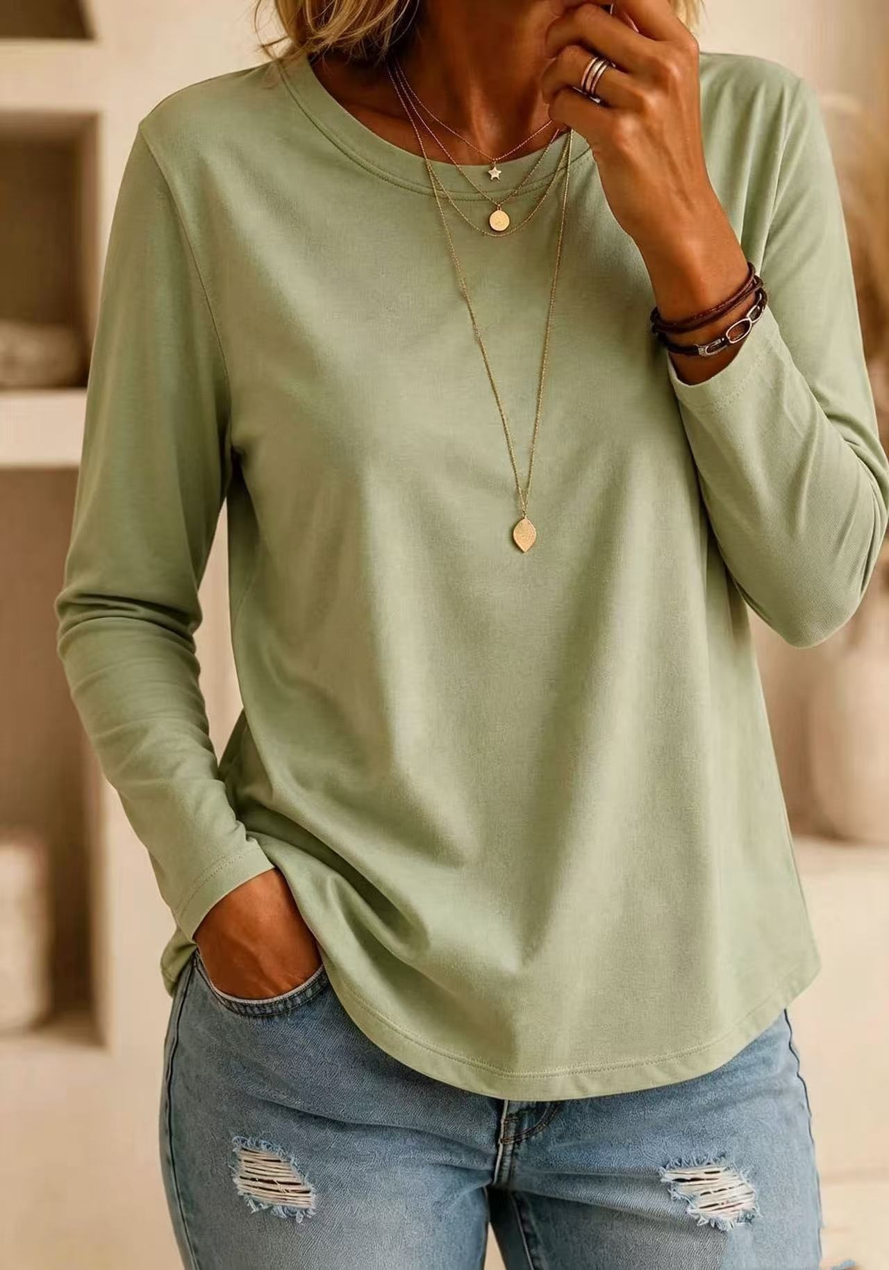 Womens Versatile Casual Long-sleeve Crew-neck T-shirt