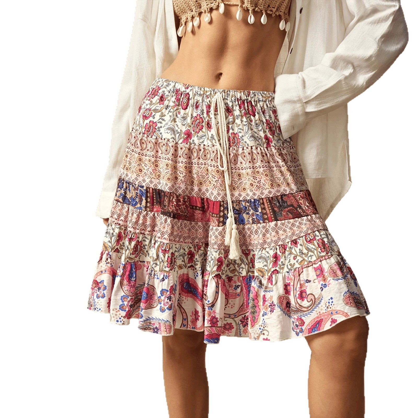 Woven Floral Ruffled Midi Skirt With Belt