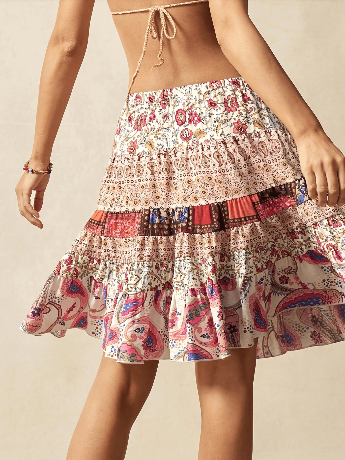 Woven Floral Ruffled Midi Skirt With Belt