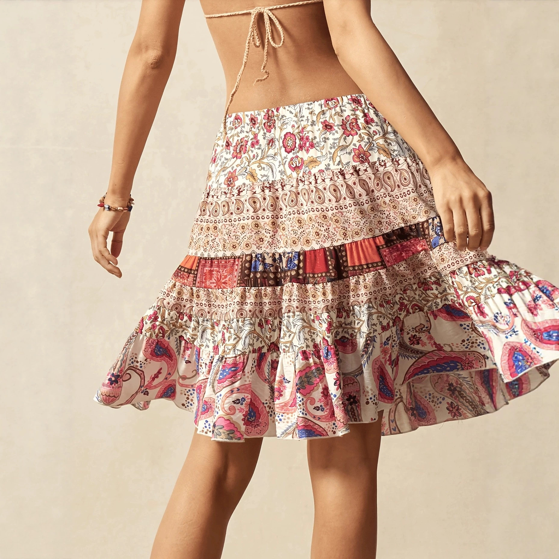 Woven Floral Ruffled Midi Skirt With Belt