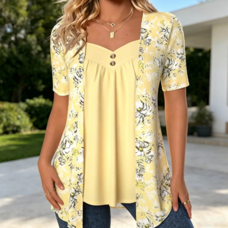 Yellow Floral Faux Two-Piece Top