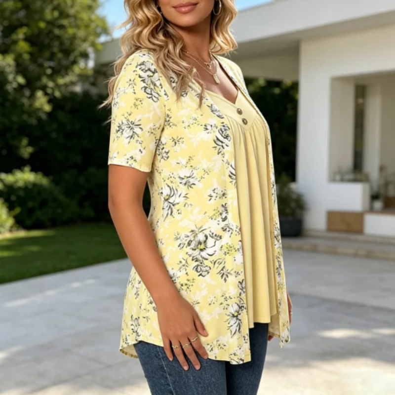 Yellow Floral Faux Two-Piece Top
