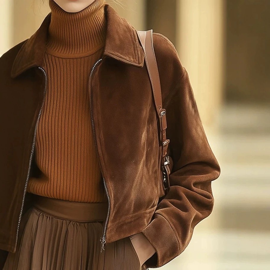 Zipper Collar Suede European And American Women's Fashion Jacket Coat Vintage Amazon Slim