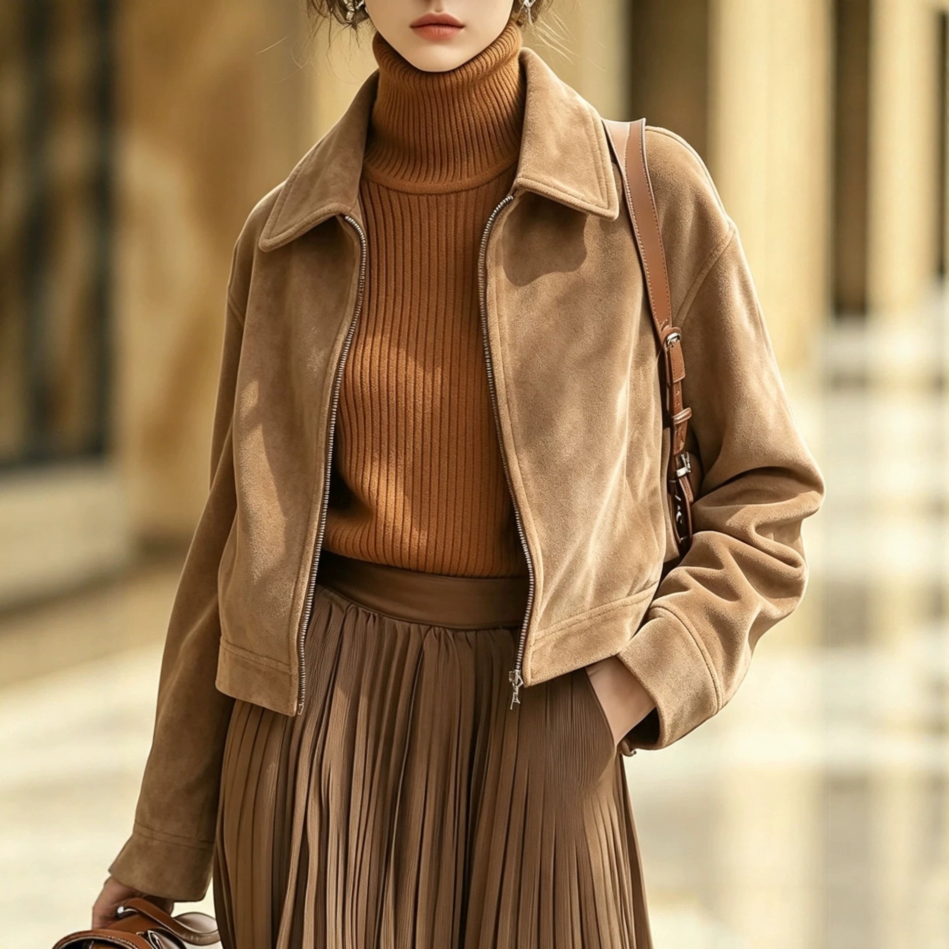 Zipper Collar Suede European And American Women's Fashion Jacket Coat Vintage Amazon Slim