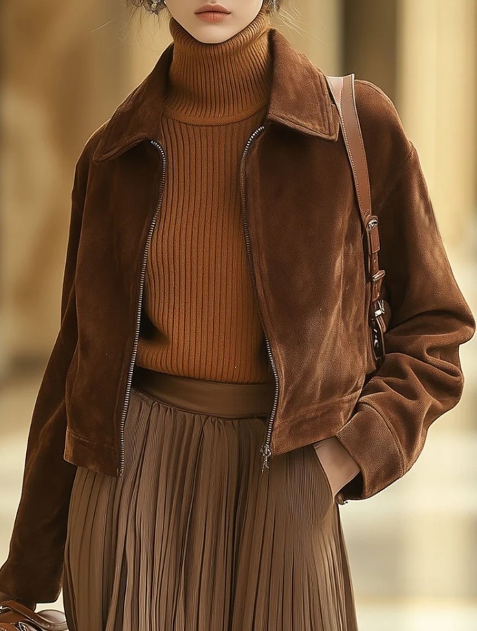 Zipper Collar Suede European And American Women's Fashion Jacket Coat Vintage Amazon Slim