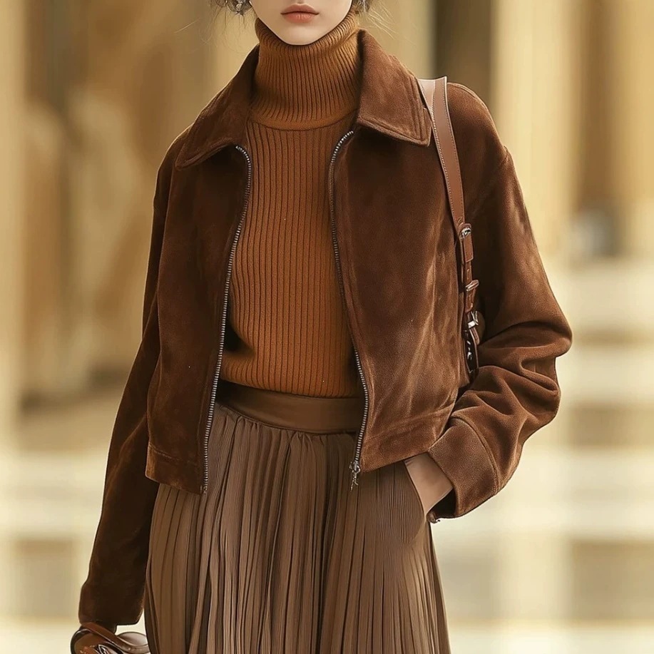 Zipper Collar Suede European And American Women's Fashion Jacket Coat Vintage Amazon Slim